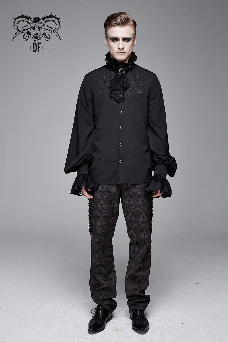 Gothic Ruffled High Collar Shirt for Men / Loose Long Sleeve Shirt with Lace Bowtie