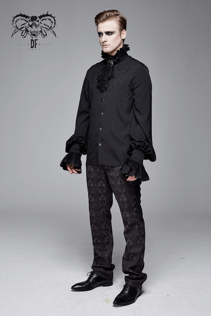 Gothic Ruffled High Collar Shirt for Men / Loose Long Sleeve Shirt with Lace Bowtie