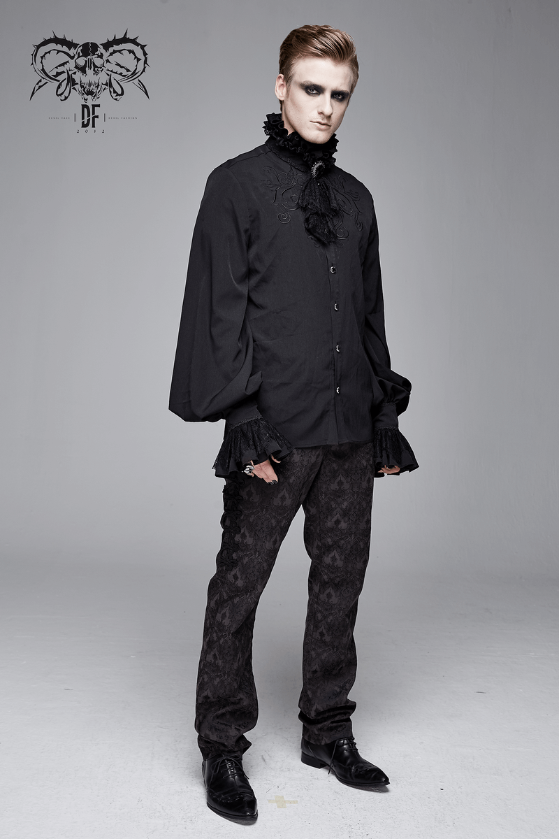 Gothic Ruffled High Collar Shirt for Men / Loose Long Sleeve Shirt with Lace Bowtie