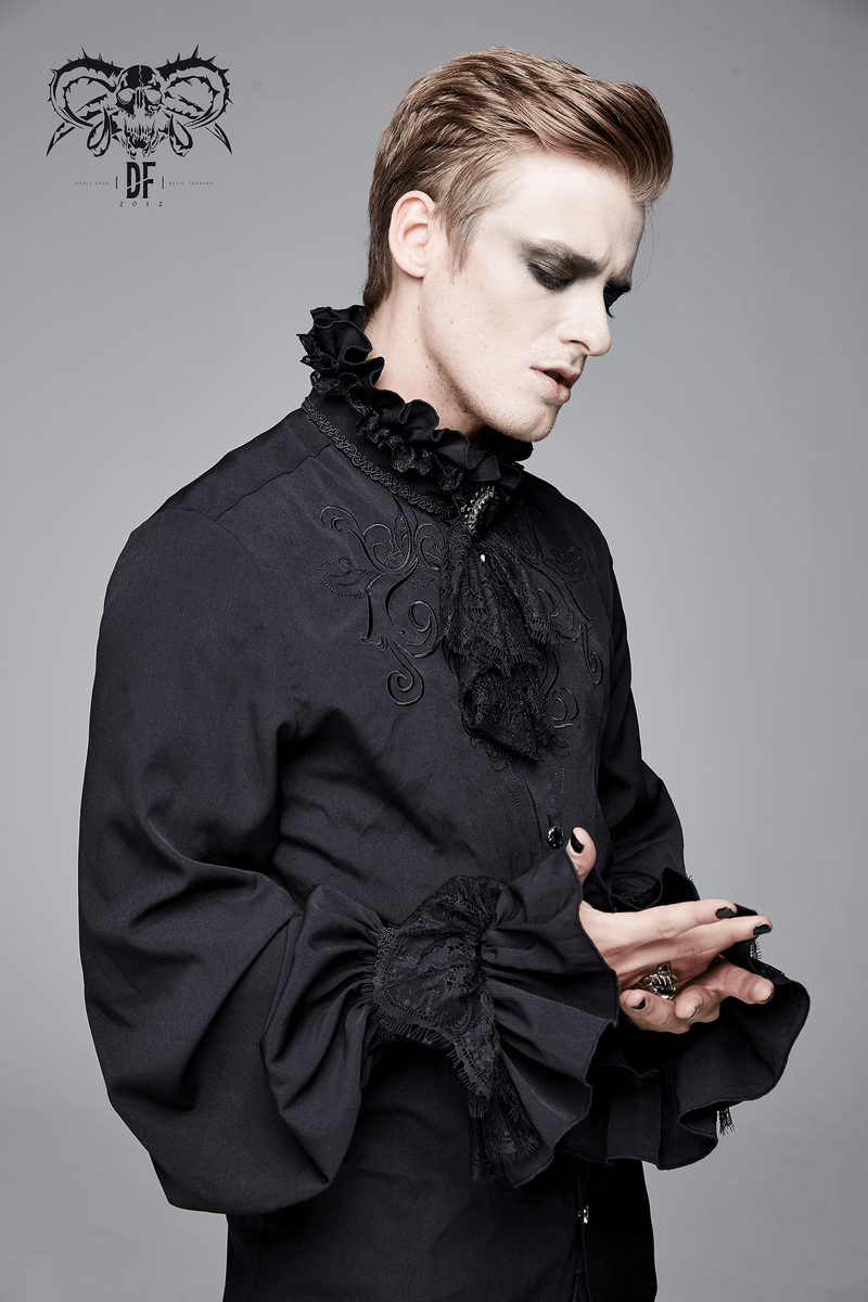 Gothic Ruffled High Collar Shirt for Men / Loose Long Sleeve Shirt with Lace Bowtie