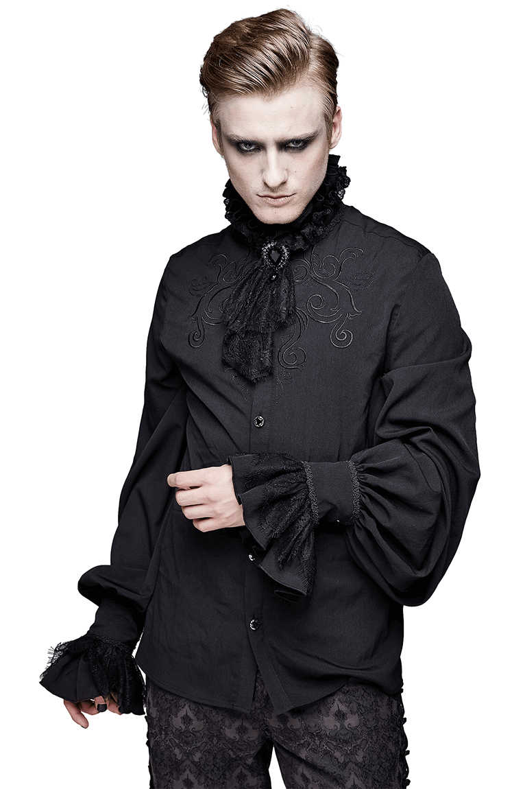 Gothic Ruffled High Collar Shirt for Men / Loose Long Sleeve Shirt with Lace Bowtie