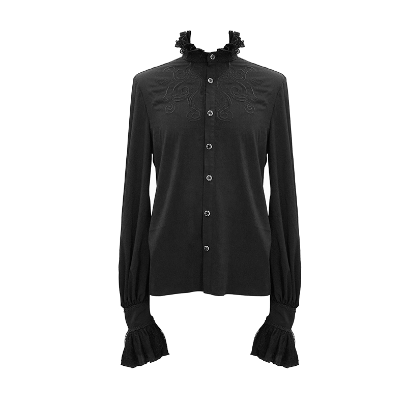 Gothic Ruffled High Collar Shirt for Men / Loose Long Sleeve Shirt with Lace Bowtie