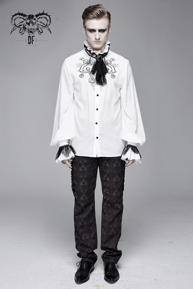 Gothic Ruffled High Collar Shirt with Lace Bowtie / Loose Long Sleeve Shirt for Men