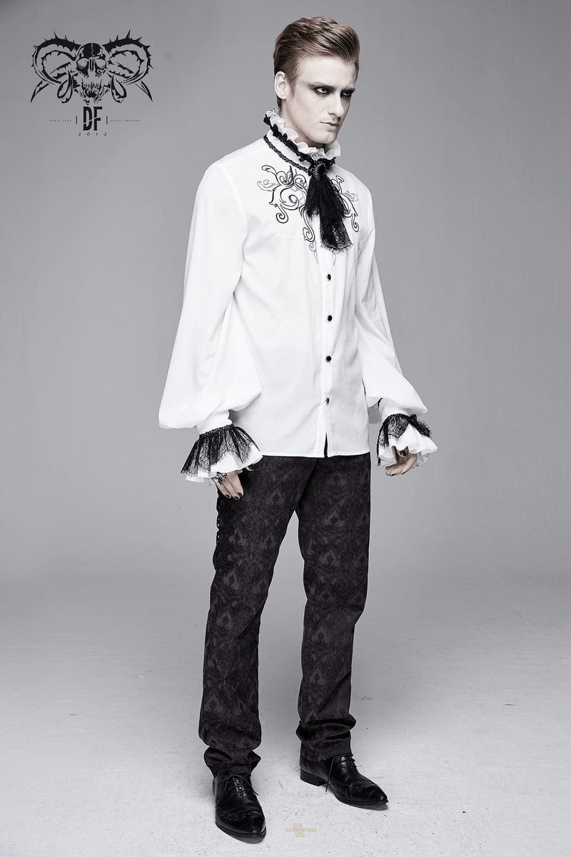 Gothic Ruffled High Collar Shirt with Lace Bowtie / Loose Long Sleeve Shirt for Men