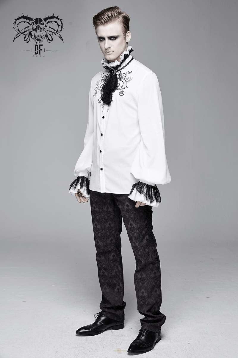 Gothic Ruffled High Collar Shirt with Lace Bowtie / Loose Long Sleeve Shirt for Men
