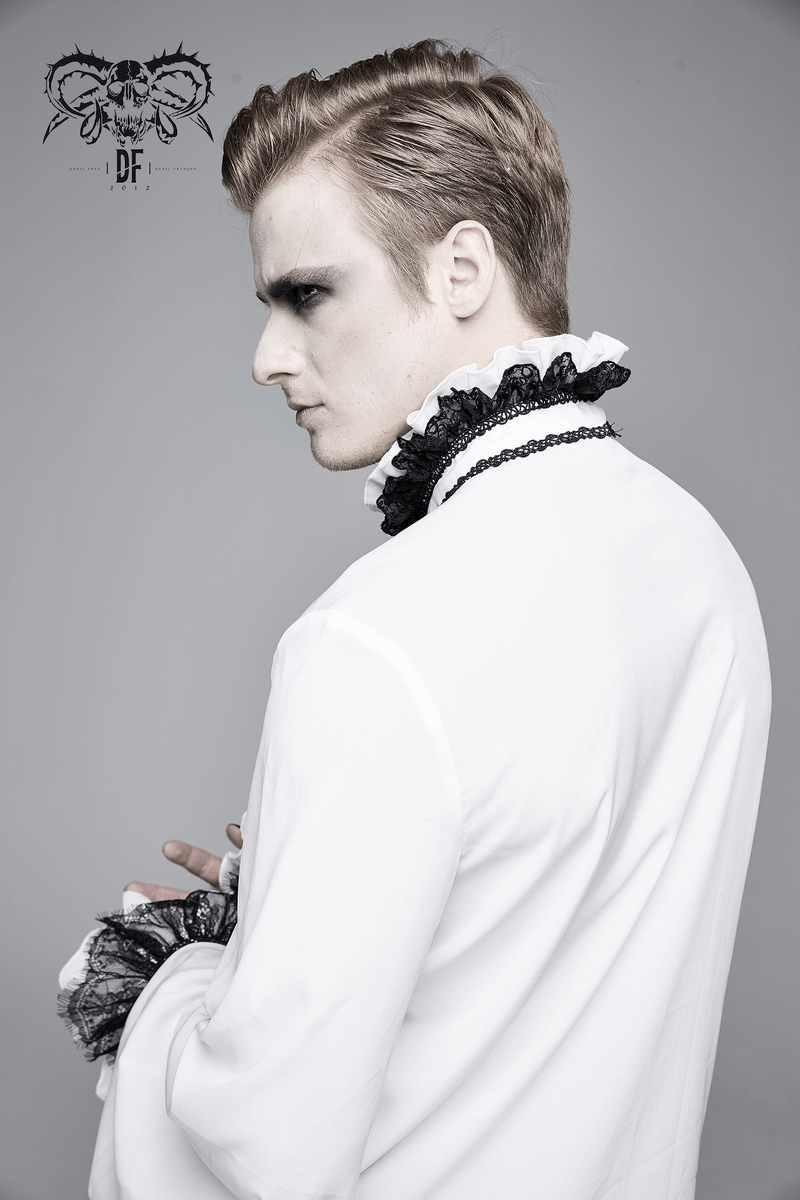 Gothic Ruffled High Collar Shirt with Lace Bowtie / Loose Long Sleeve Shirt for Men