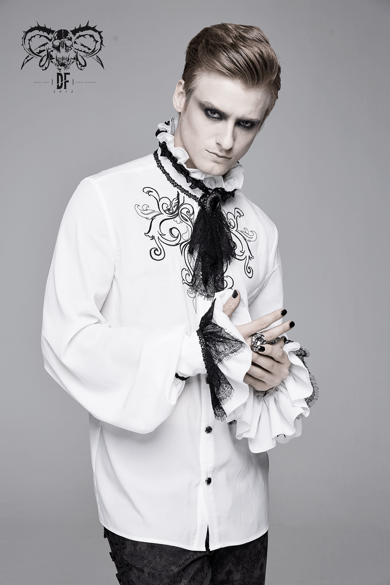 Gothic Ruffled High Collar Shirt with Lace Bowtie / Loose Long Sleeve Shirt for Men