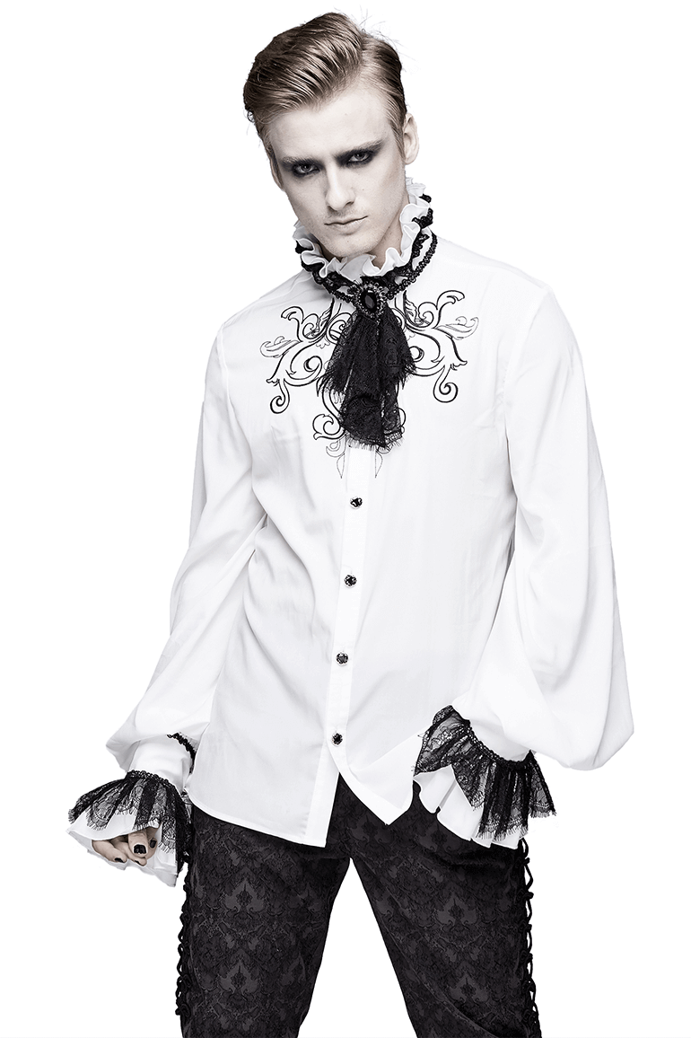 Gothic Ruffled High Collar Shirt with Lace Bowtie / Loose Long Sleeve Shirt for Men