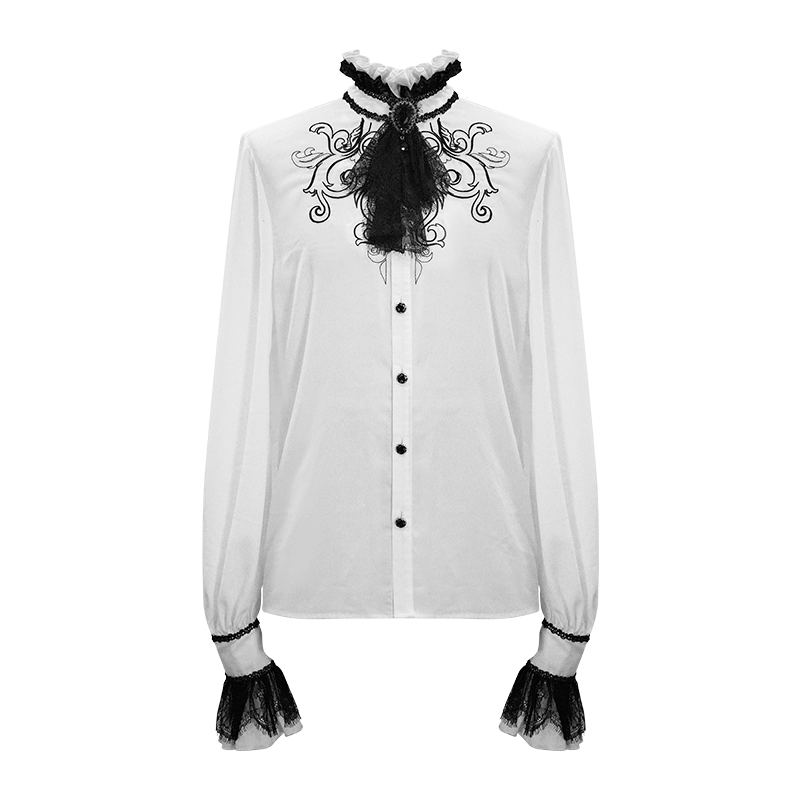 Gothic Ruffled High Collar Shirt with Lace Bowtie / Loose Long Sleeve Shirt for Men