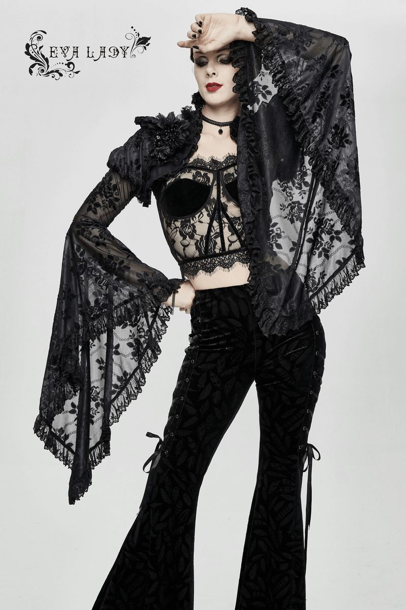 Gothic Ruffled Lace Ladies Bolero / Floral Lace Flare Sleeved Capes / Sexy Female Clothing