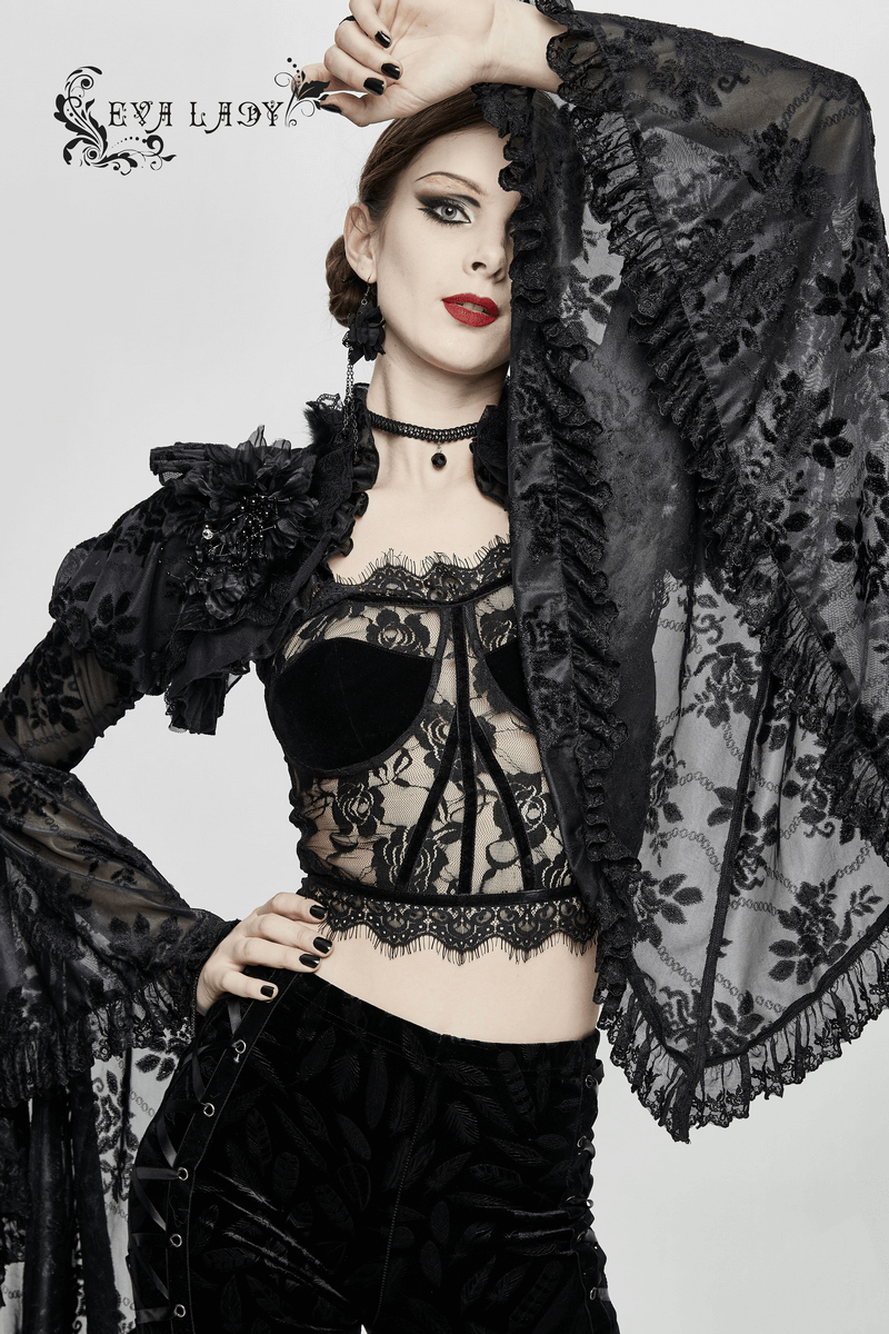 Gothic Ruffled Lace Ladies Bolero / Floral Lace Flare Sleeved Capes / Sexy Female Clothing
