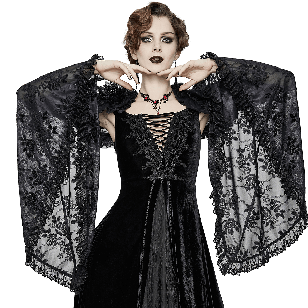 Gothic Ruffled Lace Ladies Bolero / Floral Lace Flare Sleeved Capes / Sexy Female Clothing