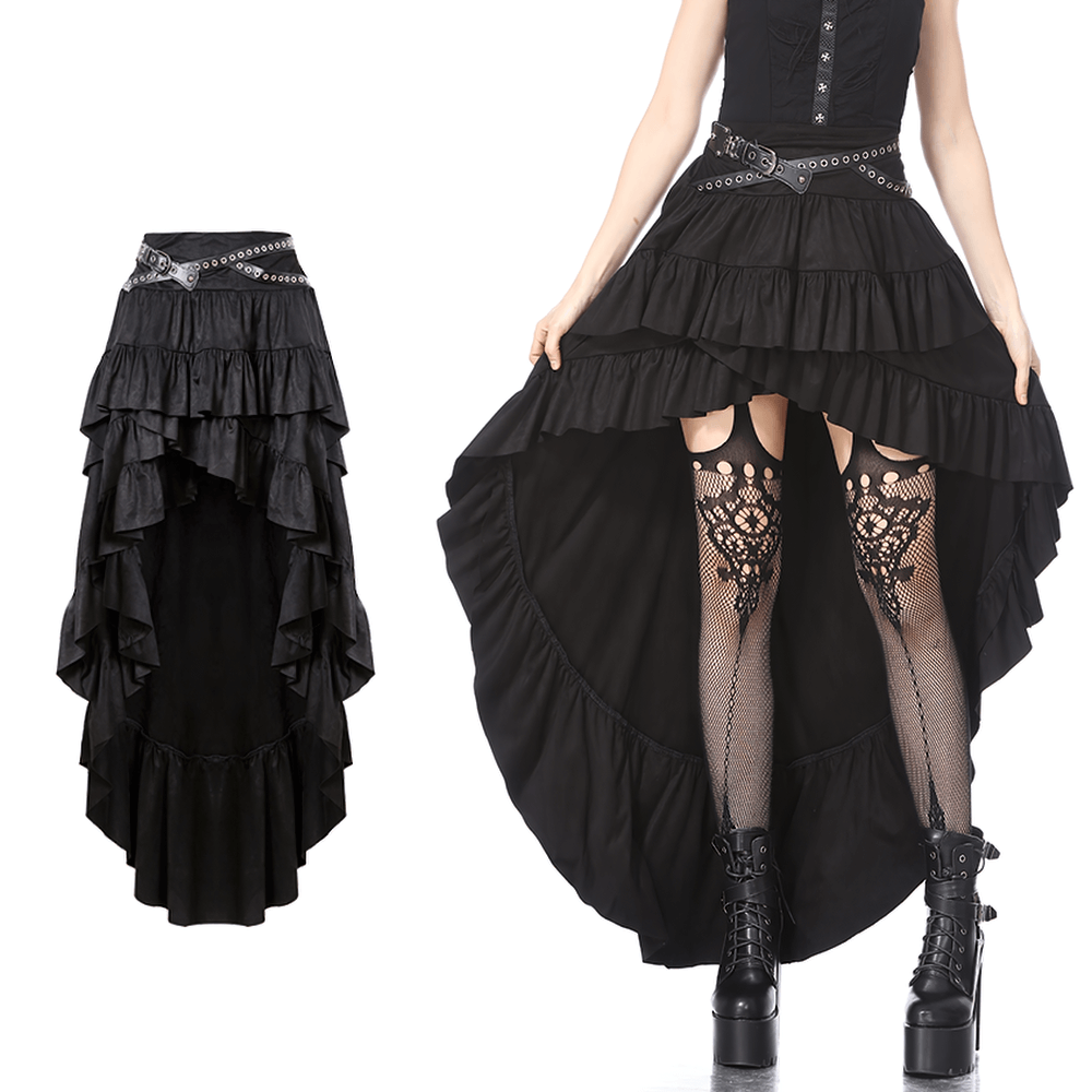 Gothic Ruffled Skirt with Studded Belt and Fishnet Details