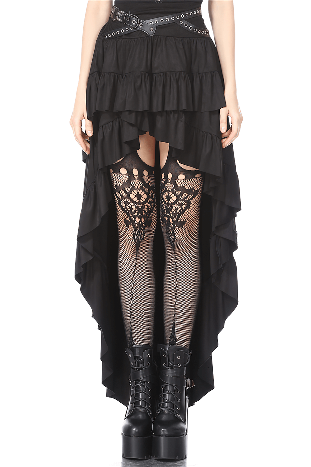 Gothic Ruffled Skirt with Studded Belt and Fishnet Details