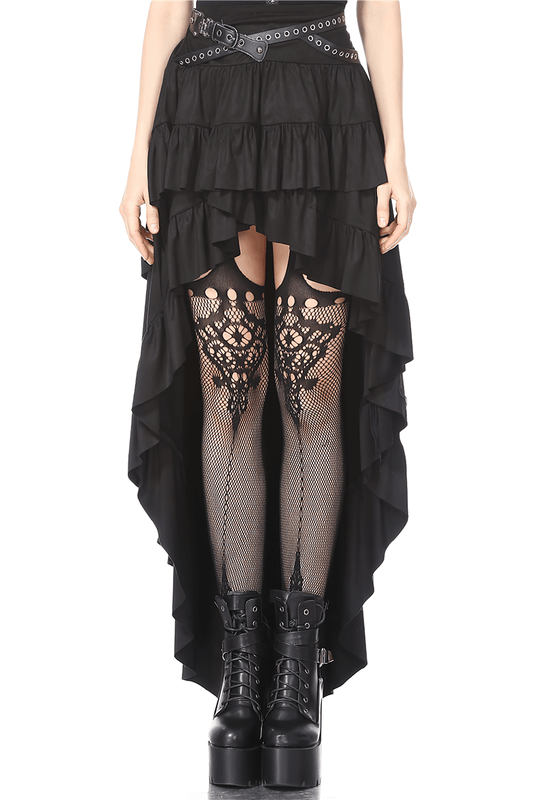 Gothic Ruffled Skirt with Studded Belt and Fishnet Details