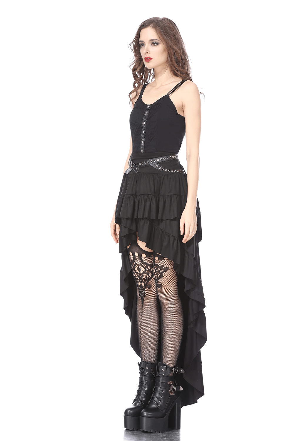 Gothic Ruffled Skirt with Studded Belt and Fishnet Details