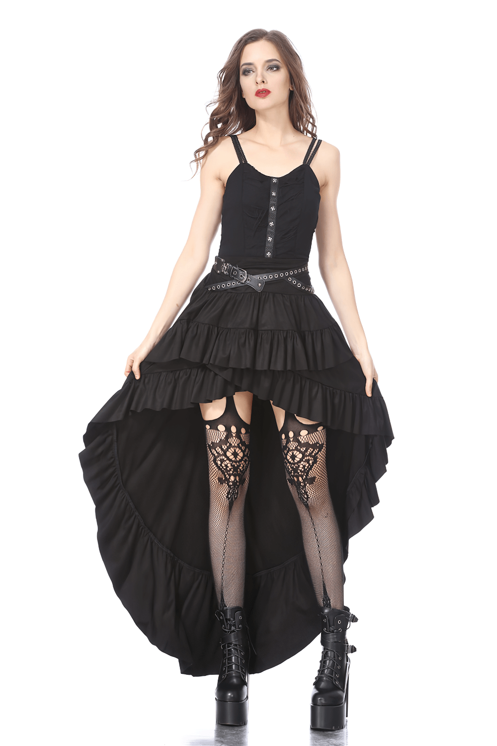 Gothic Ruffled Skirt with Studded Belt and Fishnet Details