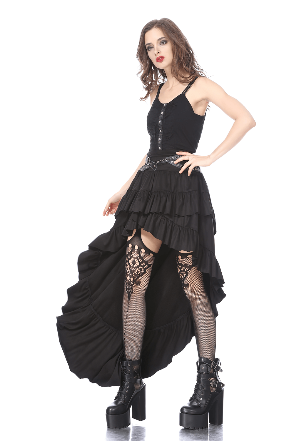 Gothic Ruffled Skirt with Studded Belt and Fishnet Details