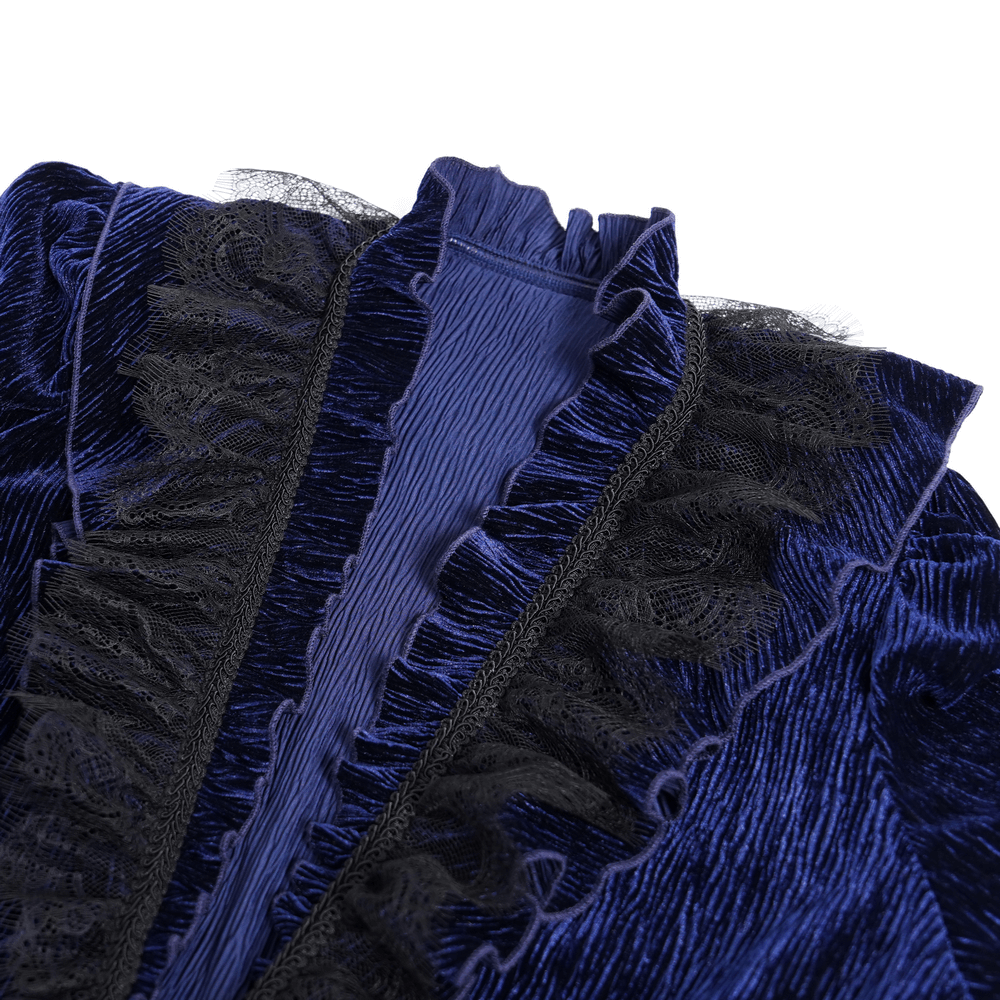 Gothic Ruffled Velvet Shirt with Lace and Pearls