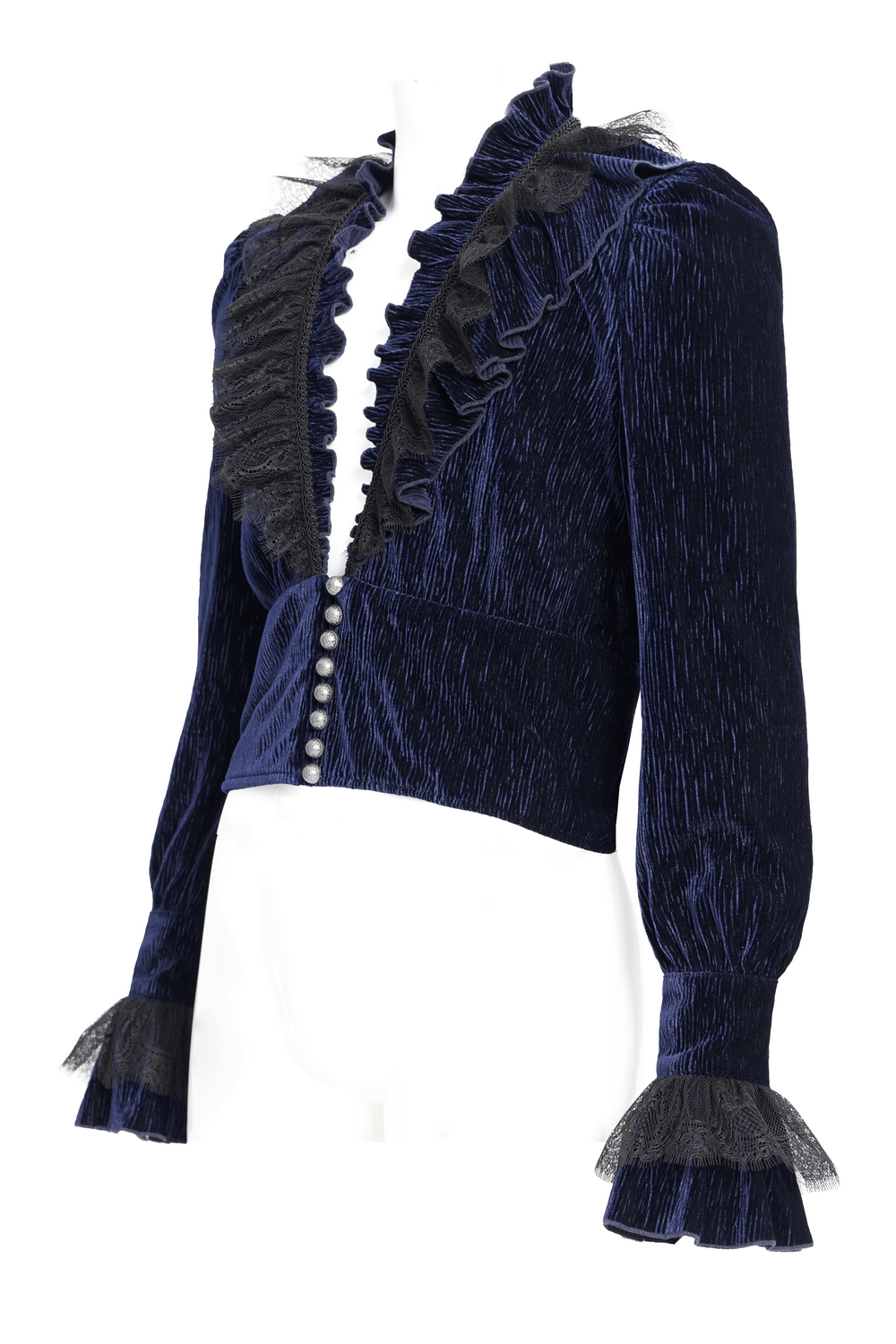 Gothic Ruffled Velvet Shirt with Lace and Pearls