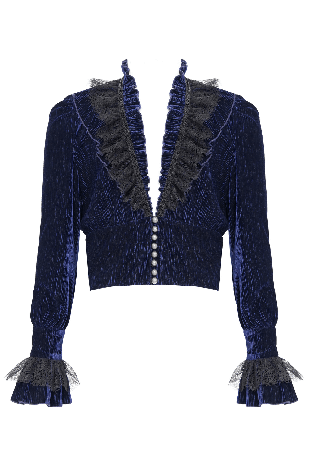 Gothic Ruffled Velvet Shirt with Lace and Pearls