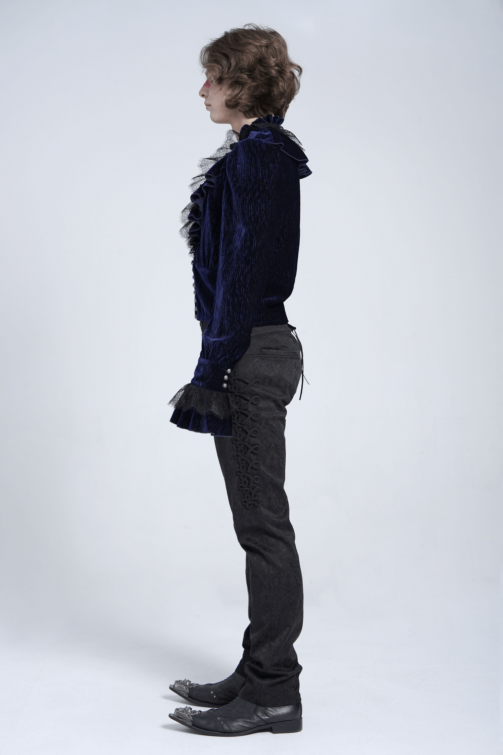 Gothic Ruffled Velvet Shirt with Lace and Pearls