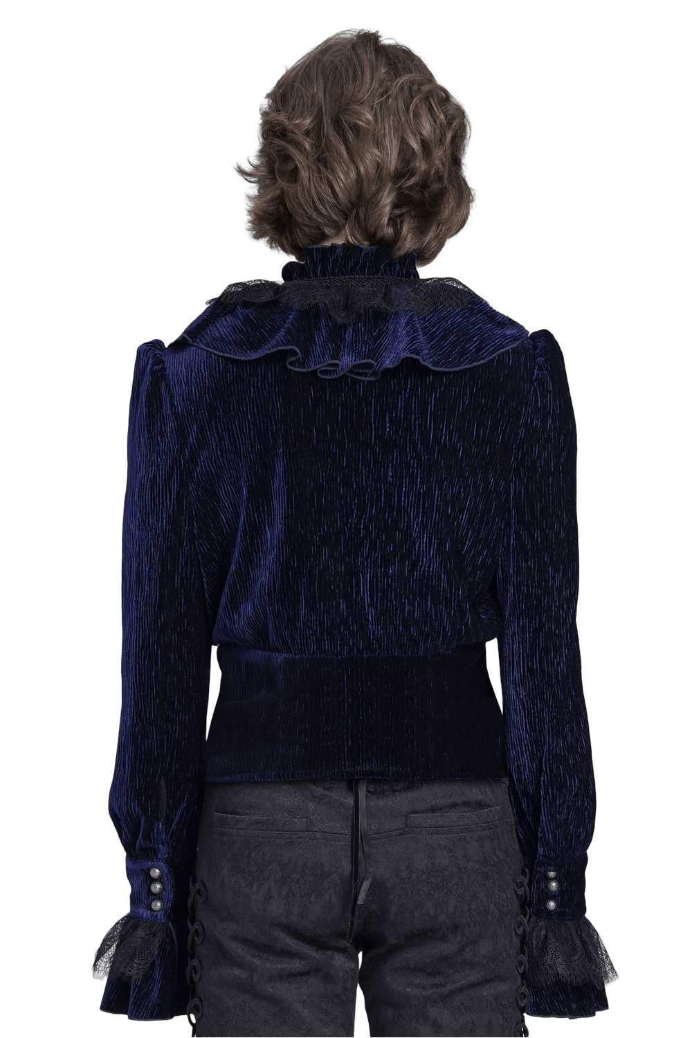 Gothic Ruffled Velvet Shirt with Lace and Pearls