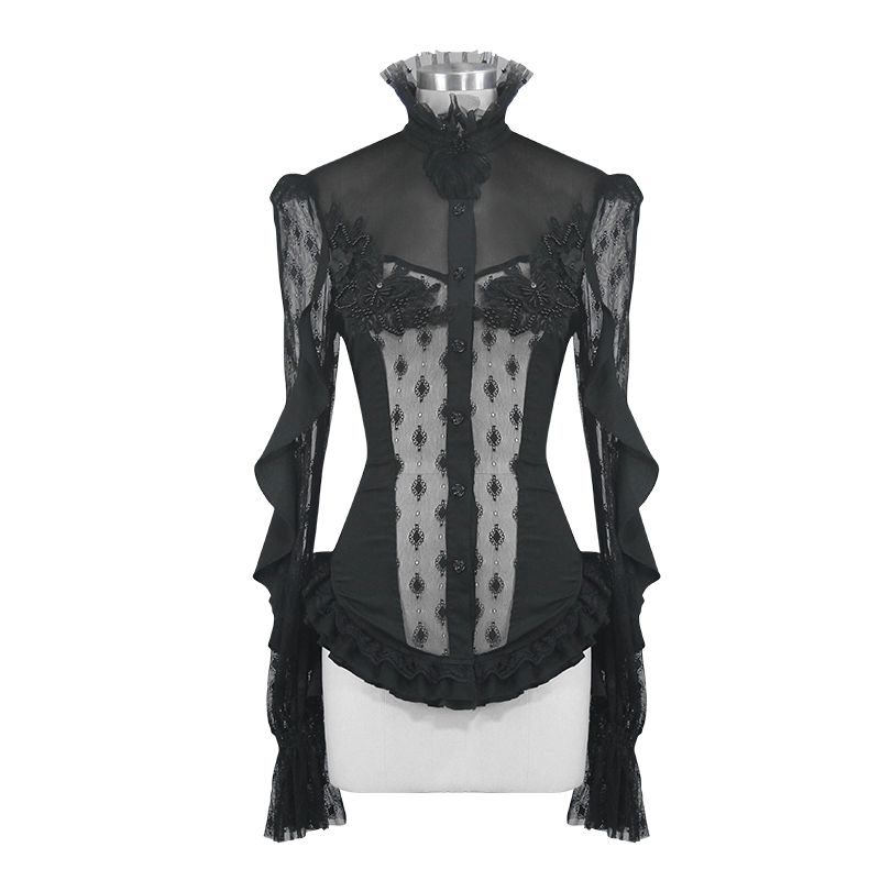 Gothic Sexy Lace Beading Blouse / Women's Long Sleeve Shirt With Lace-up Back