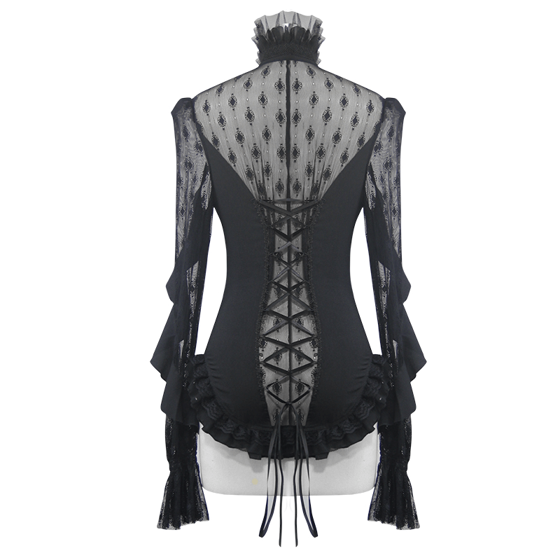Gothic Sexy Lace Beading Blouse / Women's Long Sleeve Shirt With Lace-up Back