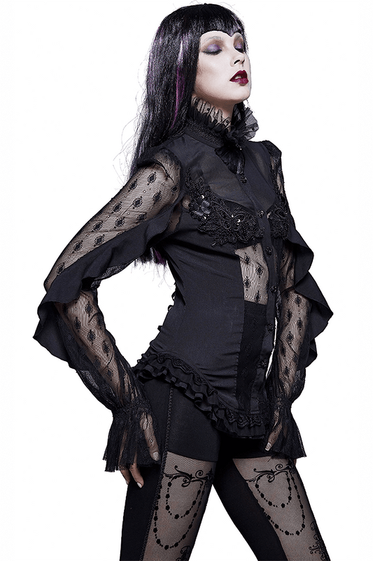 Gothic Sexy Lace Beading Blouse / Women's Long Sleeve Shirt With Lace-up Back