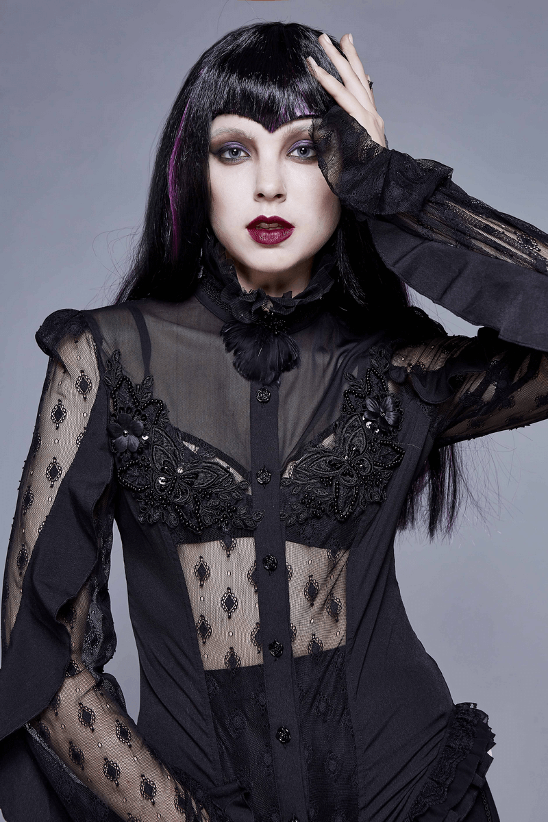 Gothic Sexy Lace Beading Blouse / Women's Long Sleeve Shirt With Lace-up Back