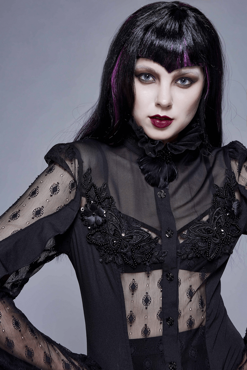 Gothic Sexy Lace Beading Blouse / Women's Long Sleeve Shirt With Lace-up Back