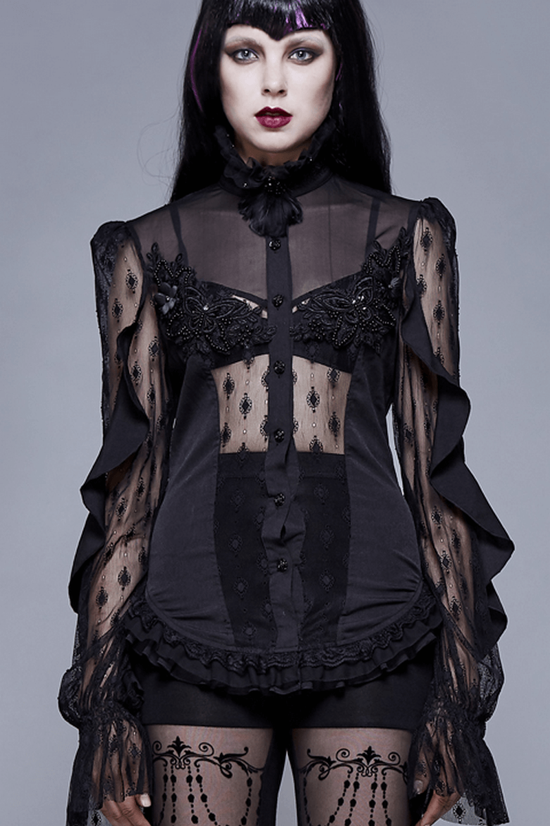 Gothic Sexy Lace Beading Blouse / Women's Long Sleeve Shirt With Lace-up Back