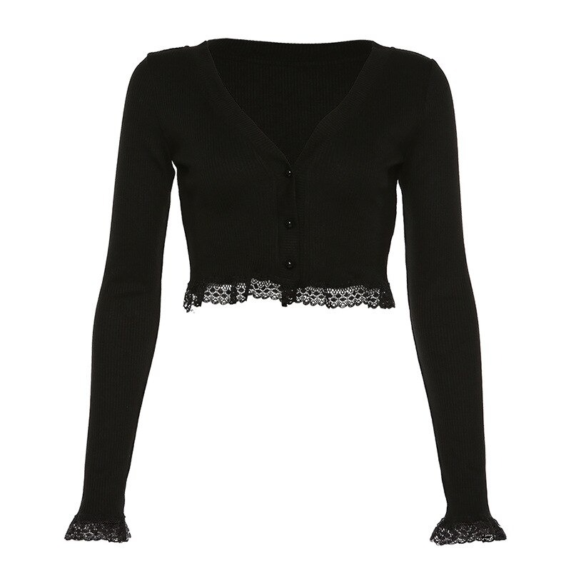 Gothic Sexy Lace Black Long Sleeve Crop Top / Vintage Autumn Women V Neck Cardigan