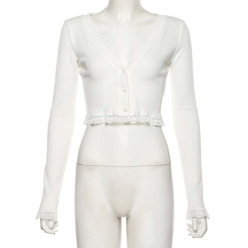 Gothic Sexy Lace Black Long Sleeve Crop Top / Vintage Autumn Women V Neck Cardigan