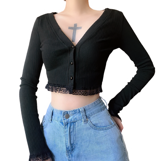 Gothic Sexy Lace Black Long Sleeve Crop Top / Vintage Autumn Women V Neck Cardigan