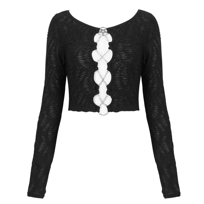 Gothic Sexy Long Sleeves Cut-Out Black Crop Top with Chain Lace-Up
