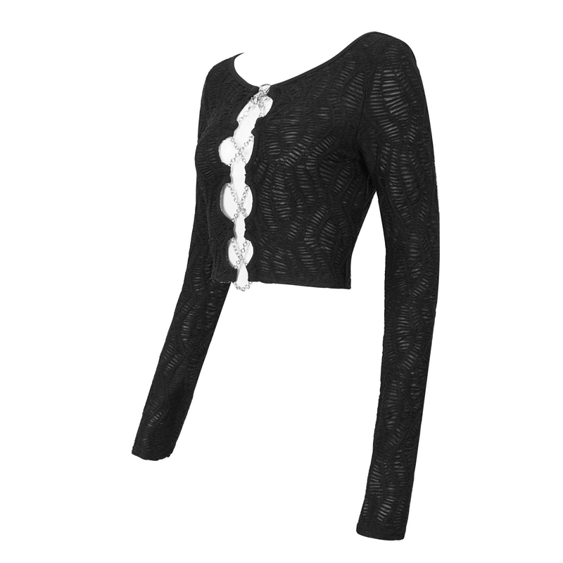 Gothic Sexy Long Sleeves Cut-Out Black Crop Top with Chain Lace-Up