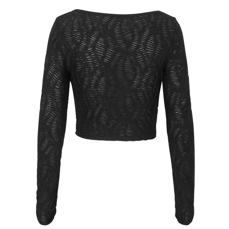 Gothic Sexy Long Sleeves Cut-Out Black Crop Top with Chain Lace-Up