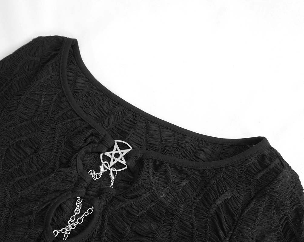Gothic Sexy Long Sleeves Cut-Out Black Crop Top with Chain Lace-Up