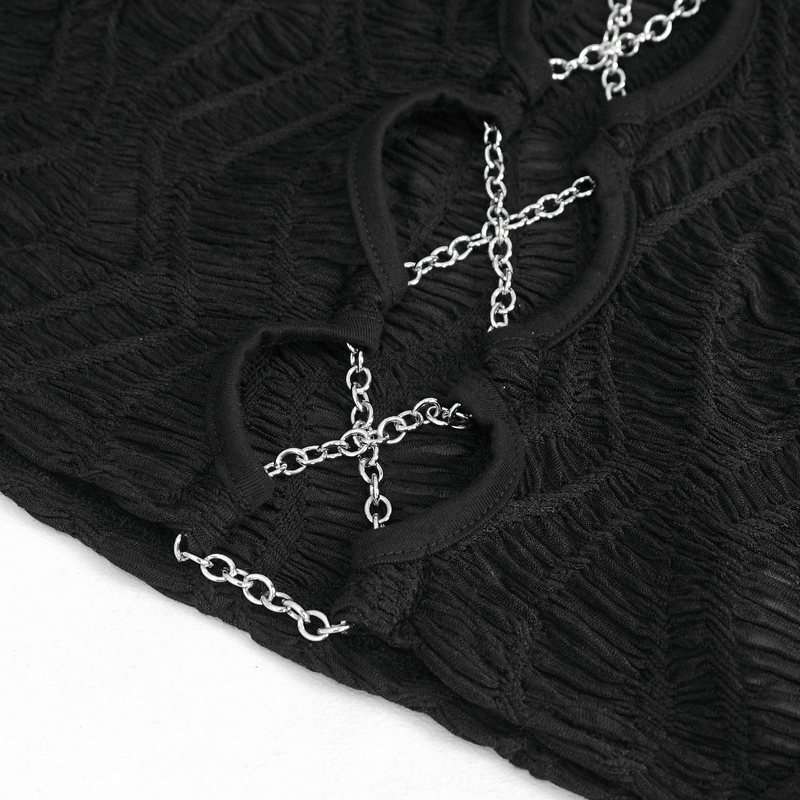Gothic Sexy Long Sleeves Cut-Out Black Crop Top with Chain Lace-Up