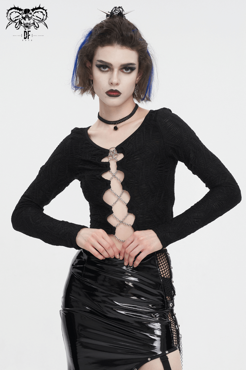 Gothic Sexy Long Sleeves Cut-Out Black Crop Top with Chain Lace-Up