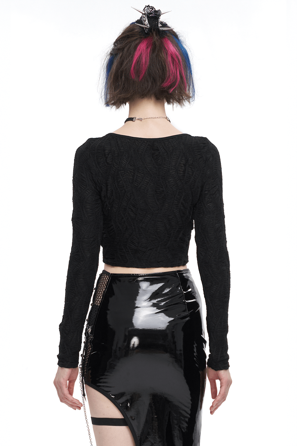 Gothic Sexy Long Sleeves Cut-Out Black Crop Top with Chain Lace-Up