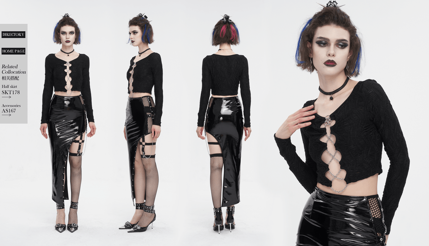 Gothic Sexy Long Sleeves Cut-Out Black Crop Top with Chain Lace-Up