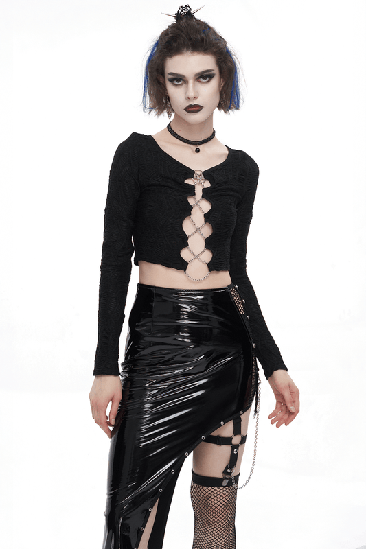 Gothic Sexy Long Sleeves Cut-Out Black Crop Top with Chain Lace-Up