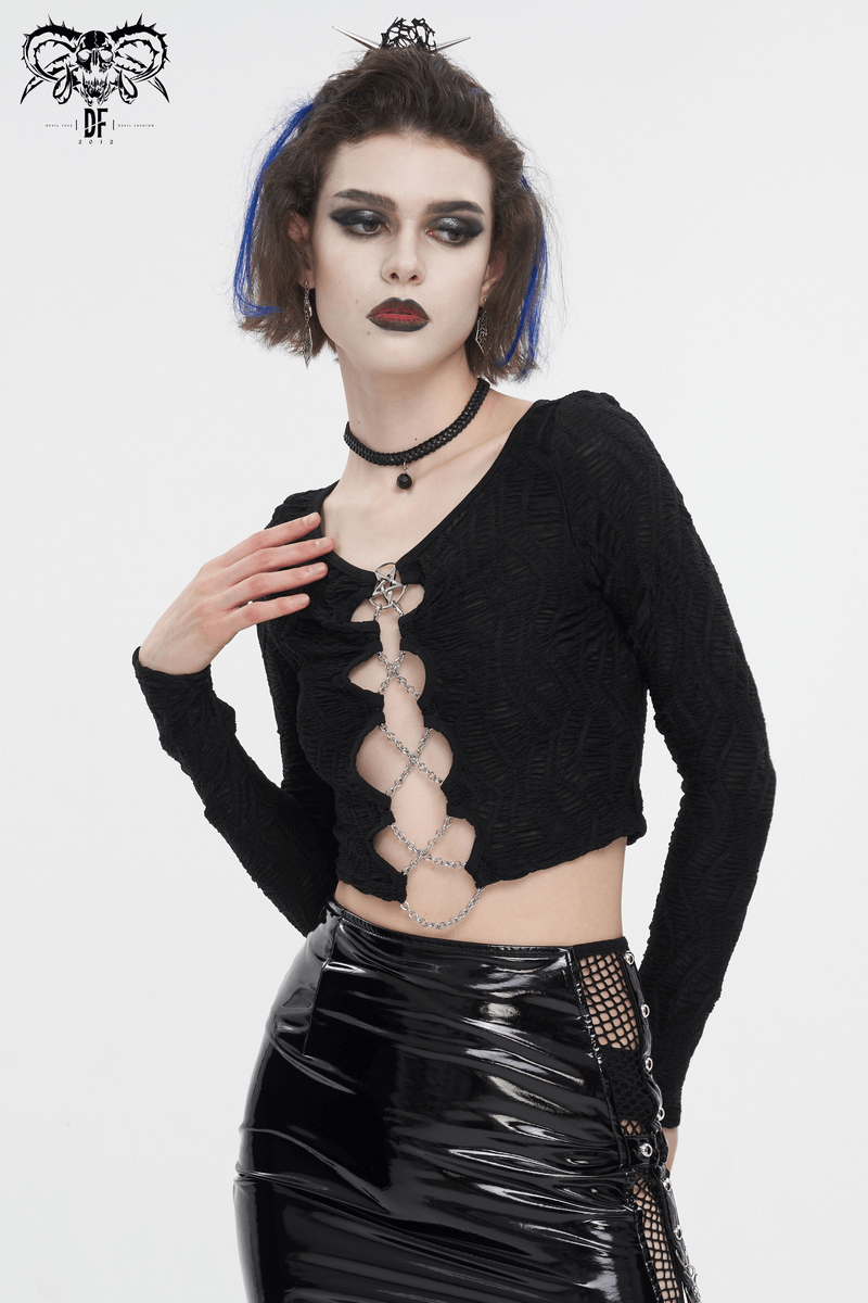 Gothic Sexy Long Sleeves Cut-Out Black Crop Top with Chain Lace-Up