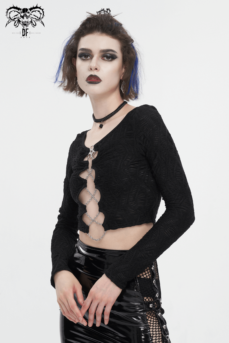 Gothic Sexy Long Sleeves Cut-Out Black Crop Top with Chain Lace-Up