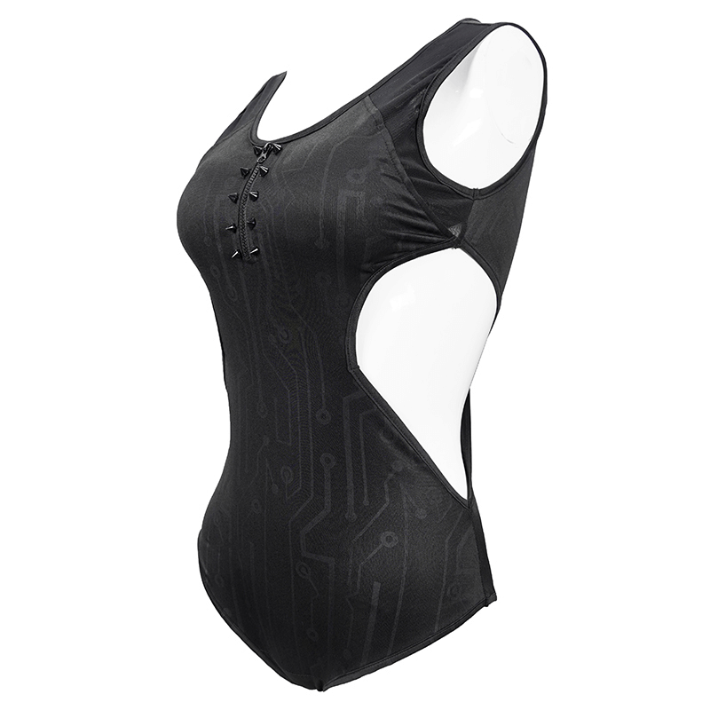 Gothic Sexy Women's One-Piece Swimsuit / Stylish Sleeveless Swimming Suit With Zipper Front & Spikes