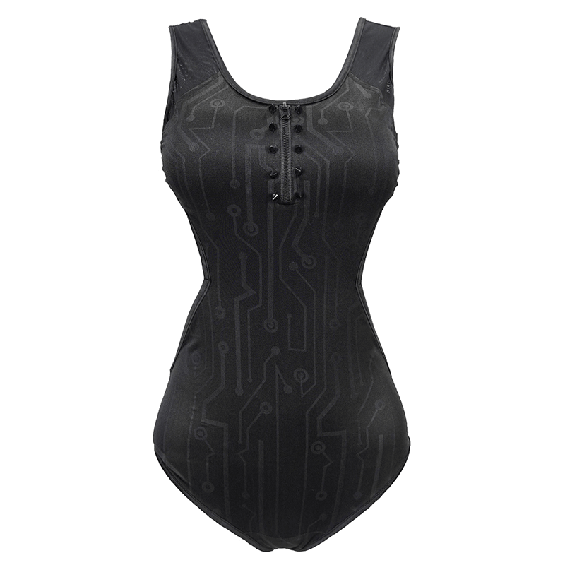 Gothic Sexy Women's One-Piece Swimsuit / Stylish Sleeveless Swimming Suit With Zipper Front & Spikes
