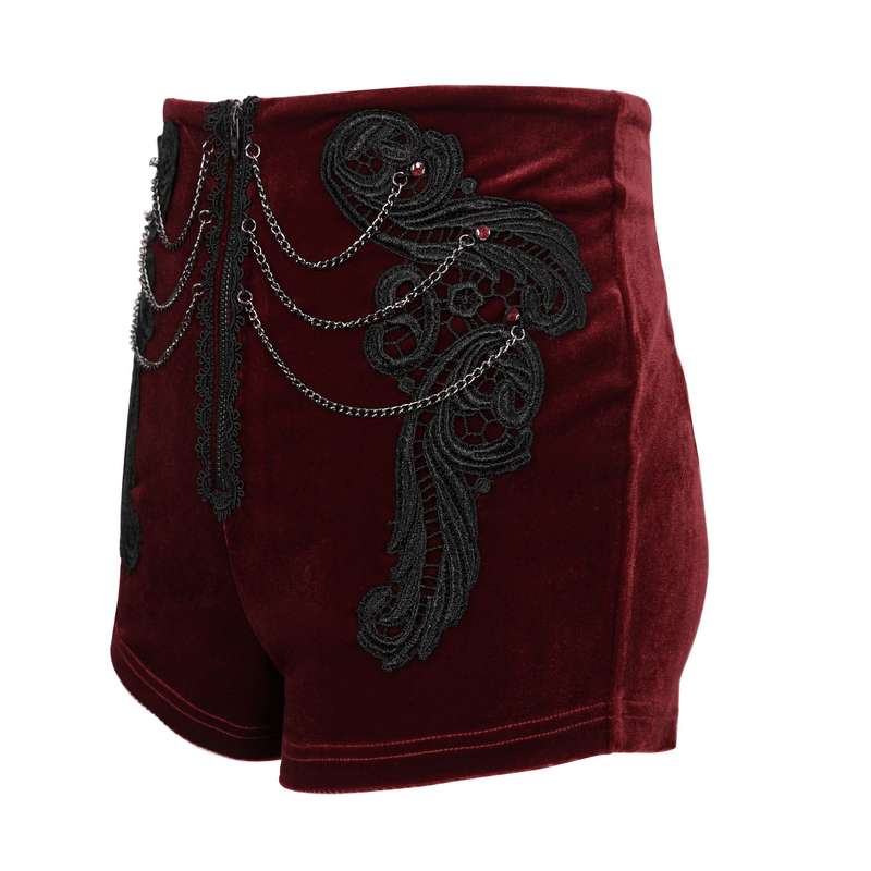 Gothic Sexy Zipper Velvet Shorts with Chain / Vintage Female Lace Appliqued Shorts